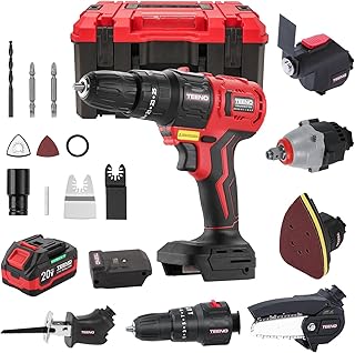 Kit Combiné Sans Fil 20V TEENO, Outil Multi-Fonctionnel Sans fil 8 en 1 Avec étui, Perceuse, Scie Sabre, Scie à Chaîne, Cef à Chocs, Outil Oscillant, Ponceuse Avec Accessoires (8-IN-1)