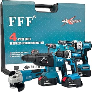 Kit de Bricolage Professionnel 4 en 1 avec Perceuse et Visseuse Sans Fil, Perceuse à Percussion Sans Fil, Meuleuse d