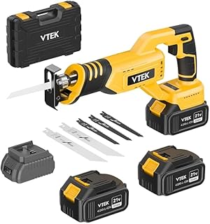 Scie sabre sans fil VTEK 20V, 3 vitesses variables, 0-3000 tr/min, Scie alternativeavec 2 batteries,pour la découpe du bois, du métal et du plastique.