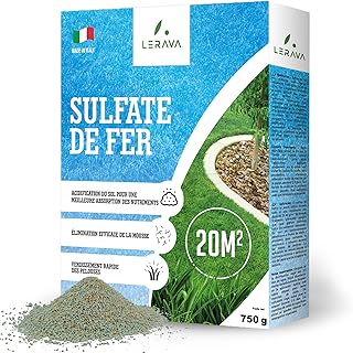 LERAVA Sulfate de Fer (20 m²) - Anti Mousse Gazon & Engrais Fer - Riche en Fer, Kalium, Magnésium - Sécurisé pour Animaux - Entretien Facile Toute l’Année - Idéal pour Pelouse & Jardin - 750g