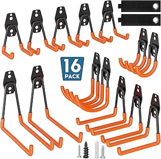BONTEC Lot de 16 crochets muraux garage en acier orange, types U et J, charge 439 kg sur mur bois/brique, crochet mural à visser, porte outils mural, rangement garage atelier, rangement outils
