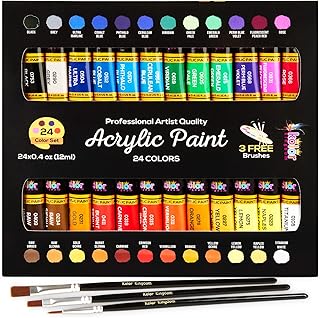 Peinture Acrylique de Kit 24 couleurs avec 3 pinceaux pour fournitures scolaires travaux manuels peintures papier toile peinture sur roche bois céramique et tissu Couleurs vives Non toxique