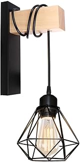 PETITES ECREVISSES E27 Applique Murale Vintage Industrielle Plafonnier Luminaire Bois Design Rétro Lamp Murale Interieure Noir Diamant Cage en Métal pour Salon Cuisine Chambre (B)