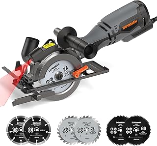 DOVAMAN Mini Scie Circulaire, 710W 115mm w/Laser, 3500RPM, Poignée Auxiliaire, Profondeur de Coupe de 43mm (90°), 29mm (45°), 6 Lames, pour le Bois, Métal Souple, Plastique, Carrelage - MCS01A