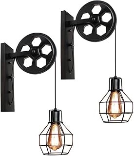 Vintage Applique Murale Industrielle Poulie Design Suspension Métal en forme Cage Noir Rétro E27 Lampe de Mur Loft Corde Ajustable