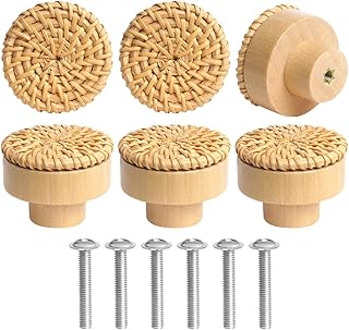 Ainiv 6 pcs Boutons de Meuble en Rotin Bois, Poignée Meuble, Boutons de Portes pour Placards, 40 mm Poignet de Tiroir, pour Décoration D