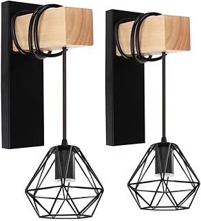 PETITES ECREVISSES E27 Applique Murale Vintage Industrielle Plafonnier Luminaire Bois Design Rétro Lamp Murale Interieure Noir Diamant Cage en Métal pour Salon Cuisine Chambre (C-2pcs)