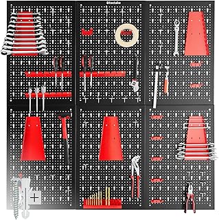 tectake® Panneau Mural Perforé Porte outils mural Lot de 6 Panneaux 240 x 2 x 60 cm 53 pcs Crochet & Supports, Extensible Système de rangement Outillage & visserie